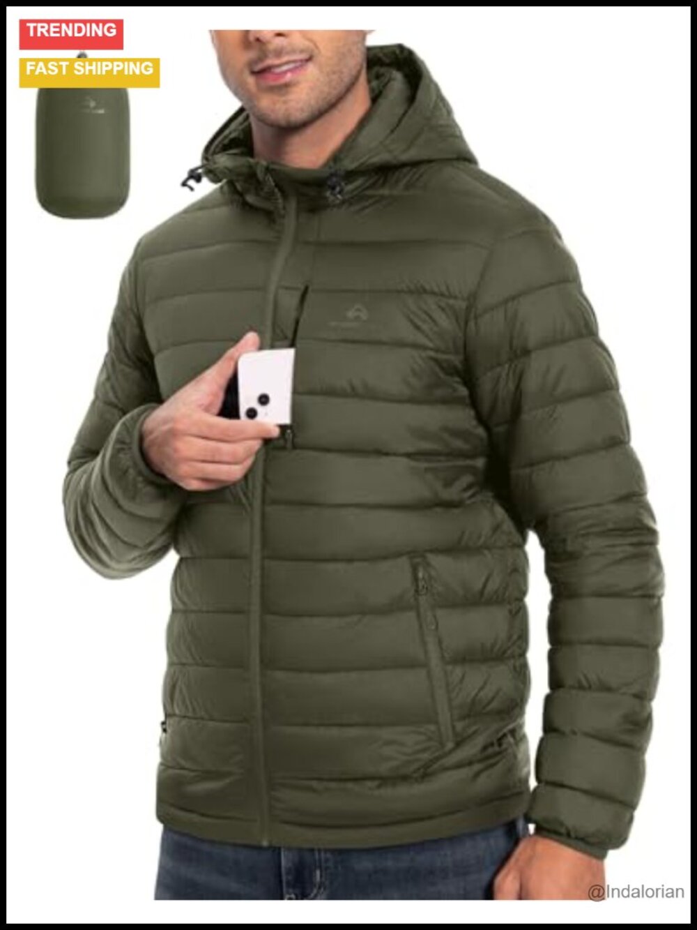 Men's Packable Down Alternative Puffer Jacket Hooded Waterproof Winter Ski Coat